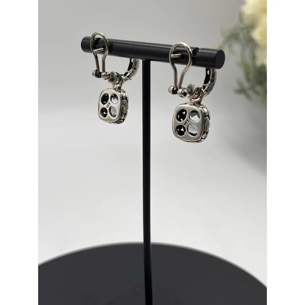 Sterling Silver 925 Faceted Blue CZ Bali Style Hoop‎ Dangle Earrings